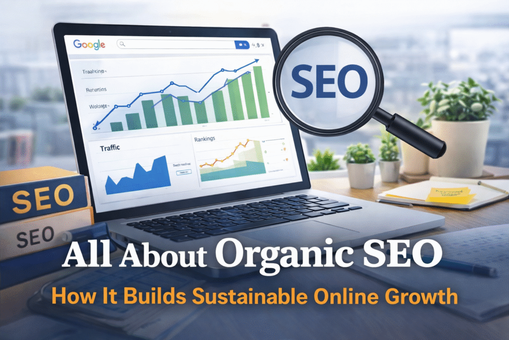 All about organic SEO showing traffic growth, keyword performance, and ranking improvements over time